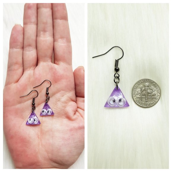 Purple Googly Eye Earrings Triangle Handmade Mini Resin Dangle Earrings - Picture 5 of 8